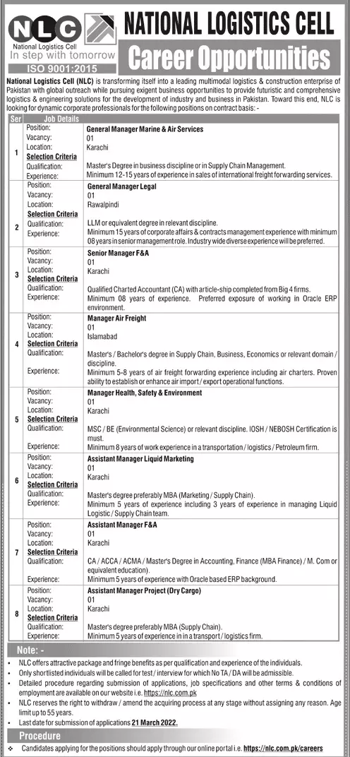 Jobs in Pakistan National Logestic Cell (NLC) – National Logistic Cell Rawalpindi Jobs 2022 — original advertisement