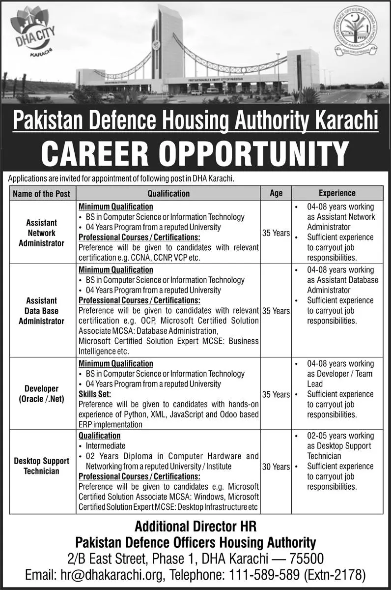 Jobs in Pakistan Defence Housing Authority (DHA) Karachi Jobs 2022 — original advertisement