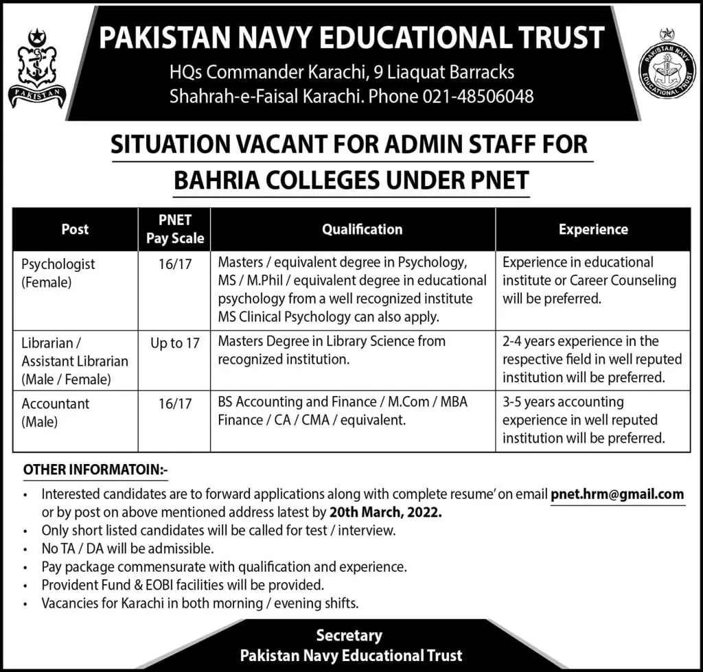 Pakistan Navy Educational Trust Jobs Jobs 2022 — original advertisement
