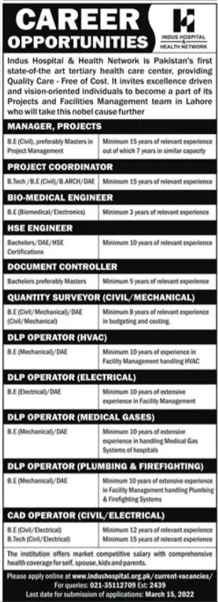 Indus Hospital & Health Network Jobs 2022 – Indus Health Network Karachi Jobs 2022 — original advertisement