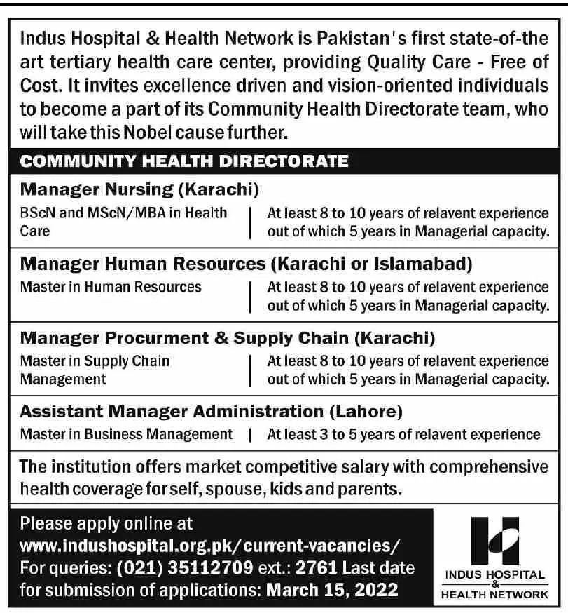 Indus Hospital & Health Network Jobs 2022 – Indus Health Network Karachi Jobs 2022 — original advertisement
