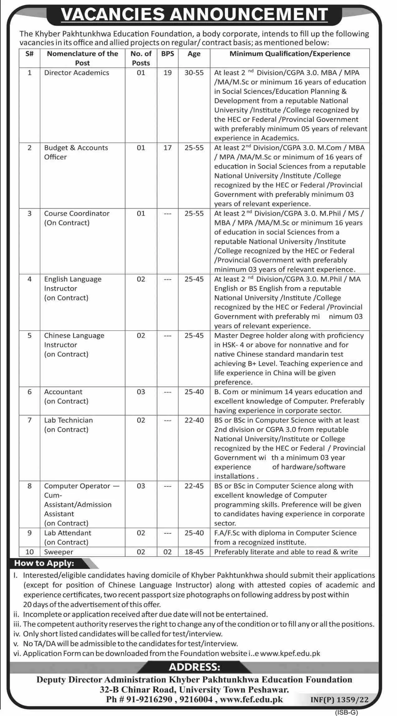 Khyber Pakhtunkhwa Education Foundation  Jobs Jobs 2022 — original advertisement