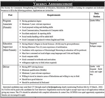 Society for Community Strengthening SCSPEB Balochistan Jobs – Non-Profit Organization Jobs 2022 — original advertisement
