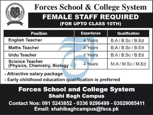 Jobs in Forces School & College System Shahi Bagh Campus – Private Sector Organization Jobs 2022 — original advertisement
