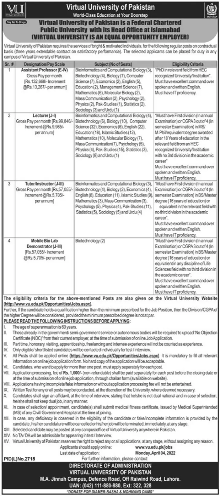 Latest jobs in Virtual University of Pakistan at Lahore Jobs 2022 — original advertisement