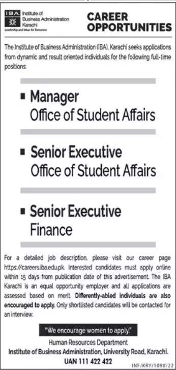 Institute of Business Administration IBA Karachi Jobs Jobs 2022 — original advertisement