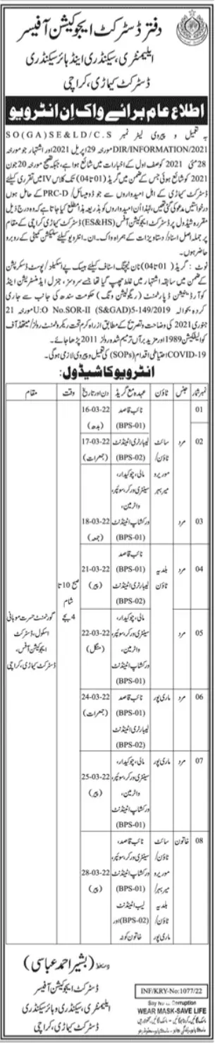 Interview Schedule District Education Officer Jobs 2022 – Govt of Sindh Jobs 2022 — original advertisement