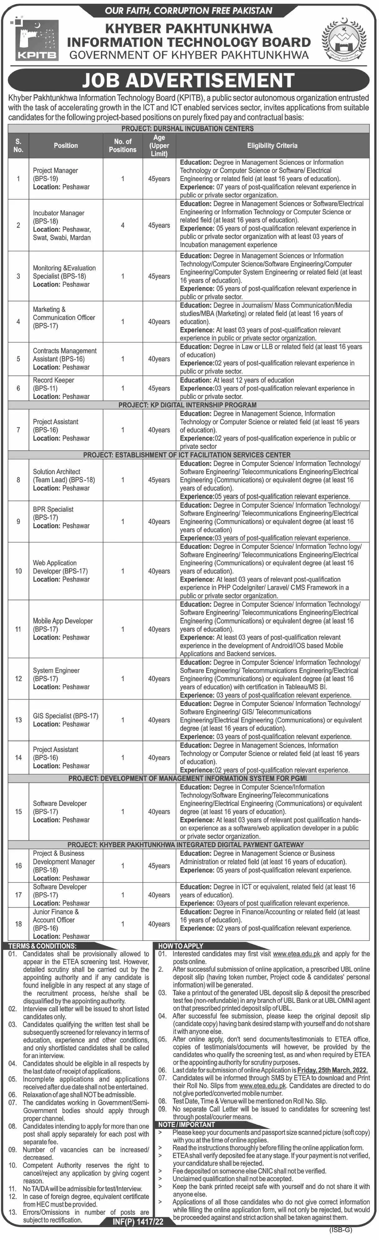 Jobs In Khyber Pakhtunkhwa Information Technology Board – Khyber Pakhtunkhwa Information Technology Board (KPITB) Peshawar Jobs 2022 — original advertisement