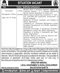 Jobs In Local Government & Rural Development Quetta – Local Government and Rural Development Department Balochistan Jobs 2022 — original advertisement