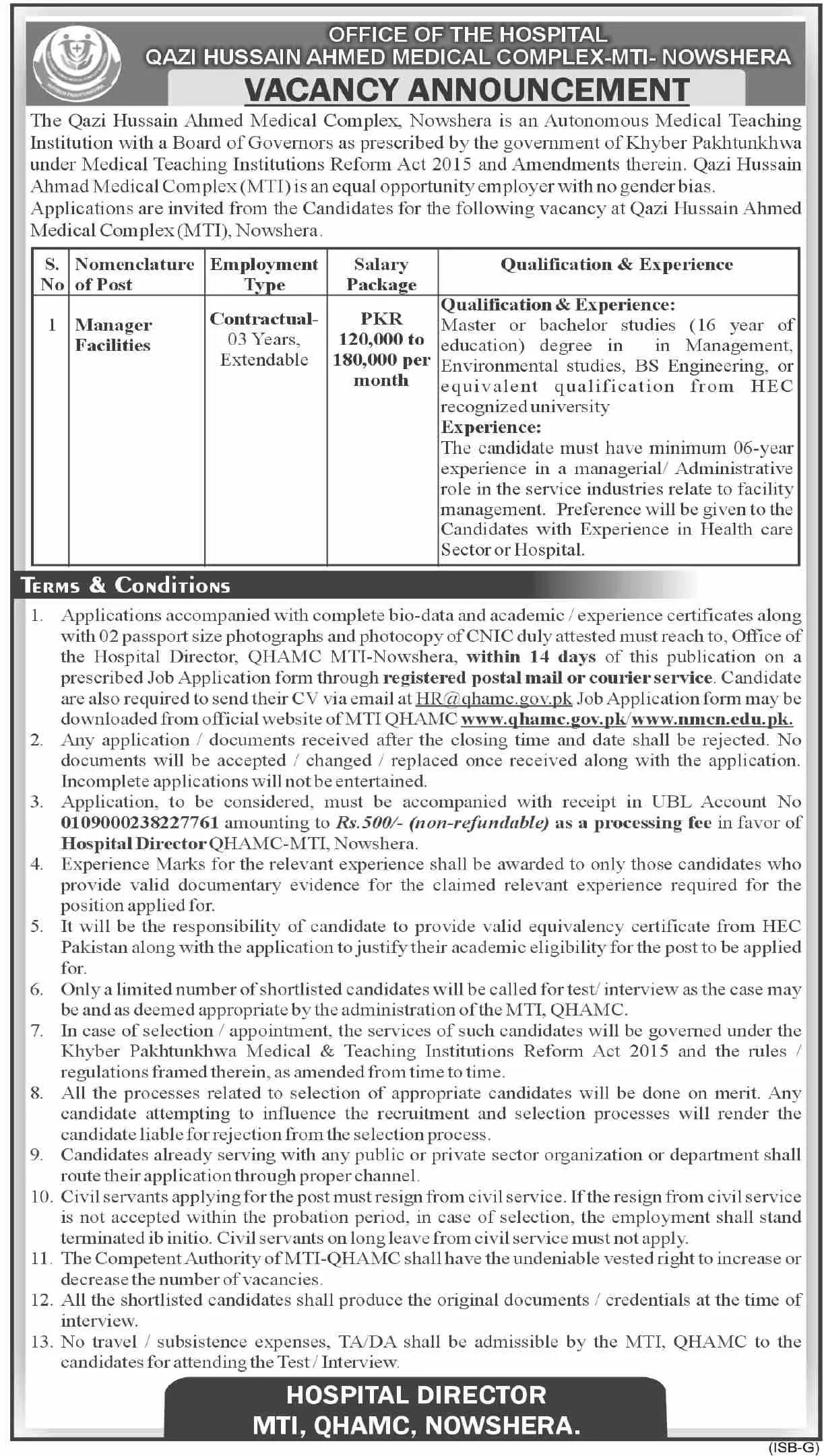Qazi Hussain Ahmad Medical Complex Nowshera Jobs 2022 – Govt of Kpk Jobs 2022 — original advertisement