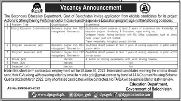 Education Department Balochistan Jobs 2022 – Secondary Education Department Balochistan Jobs 2022 — original advertisement