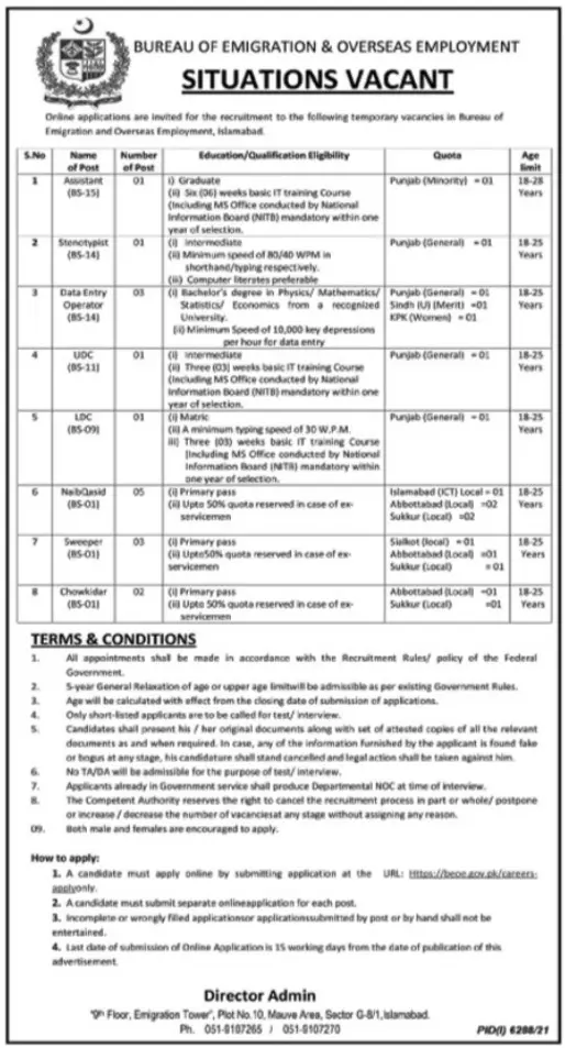 Bureau of Emigration and Overseas Employment Islamabad Jobs Jobs 2022 — original advertisement