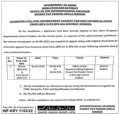 Irrigation Department Sindh Interviews Jobs 2022 — original advertisement