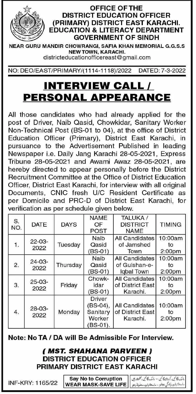 Education Literacy Department Sindh Jobs 2022 Pakistan – Govt of Sindh Jobs 2022 — original advertisement