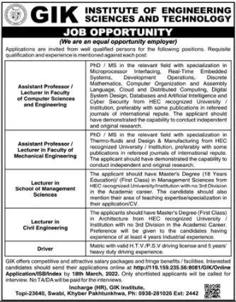 Jobs GIK Institue of Engineering Sciences Sawabi Kpk – Private Sector Organization Jobs 2022 — original advertisement