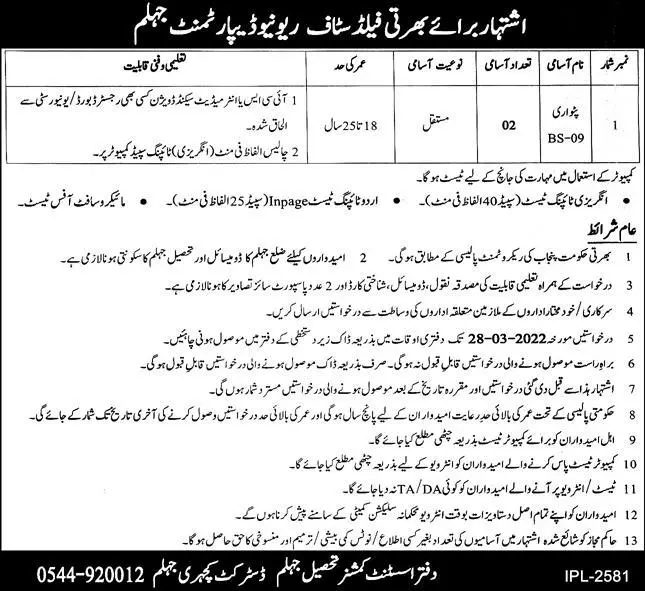 Patwari Jobs 2022 in Punjab Revenue Department – Revenue Department Punjab Jobs 2022 — original advertisement