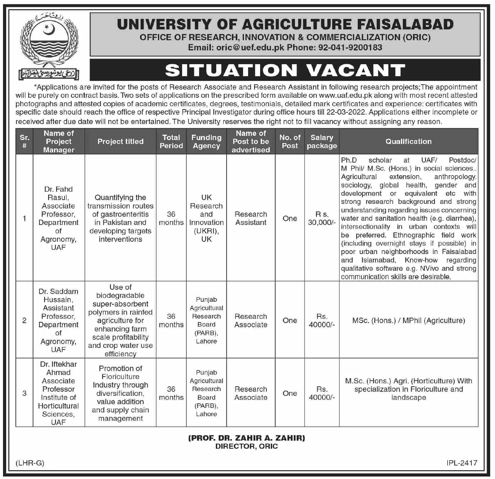 Agriculture University Faisalabad Jobs – University of Agriculture Faisalabad Jobs 2022 — original advertisement