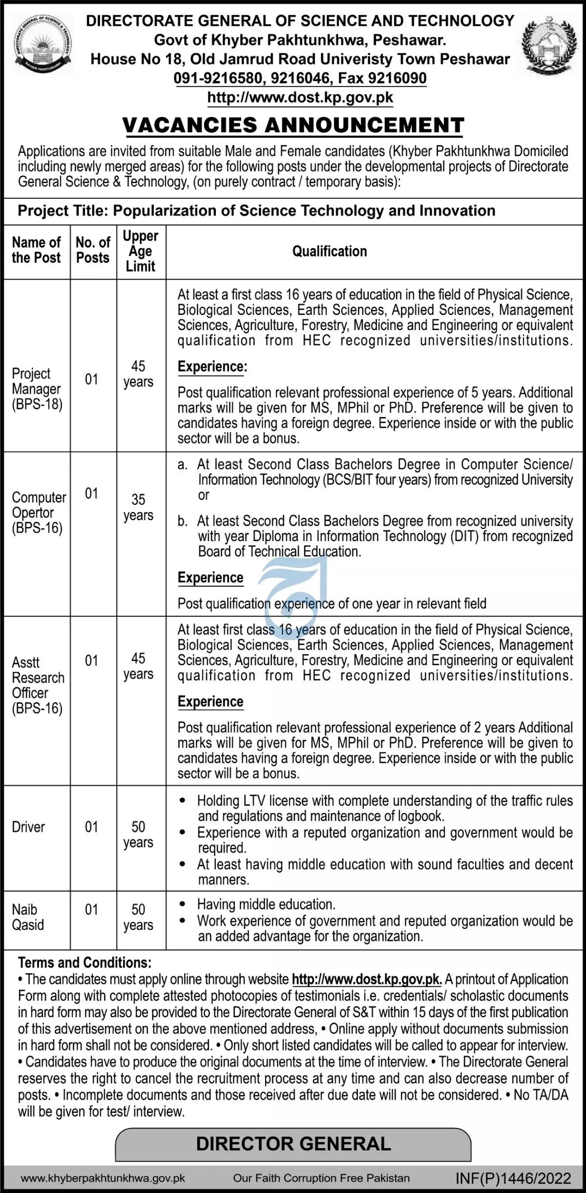 Jobs In Directorate of Science & Technology – Govt of Kpk Jobs 2022 — original advertisement