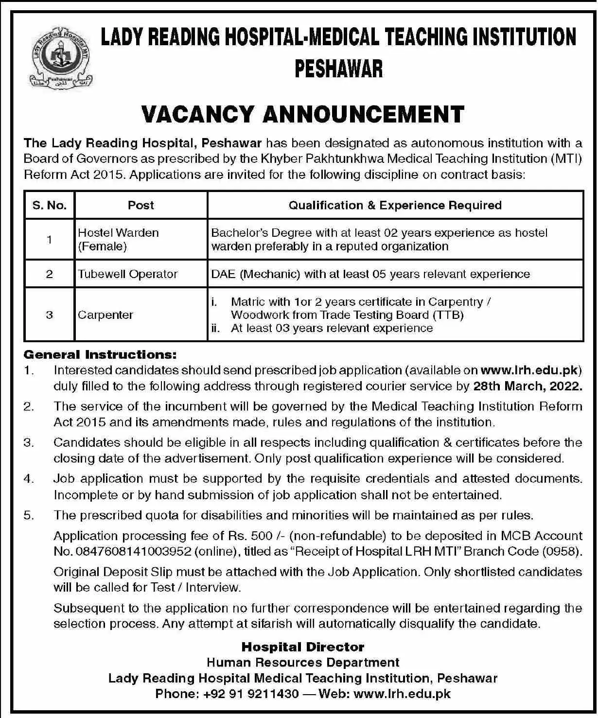 Lady Reading Hospital MTI Peshawar Jobs – Lady Reading Hospital Peshawar Jobs 2022 — original advertisement