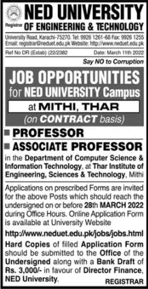 NED University of Engineering & Technology Jobs – NED University of Engineering and Technology Jobs 2022 — original advertisement