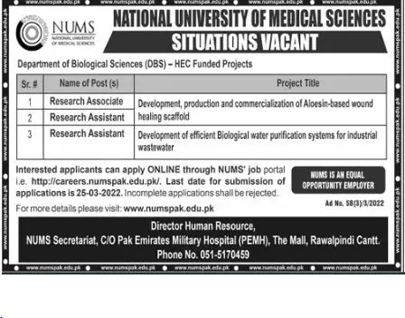 National University of Medical Sciences Nums Jobs – National University of Medical Science NUMS Jobs 2022 — original advertisement