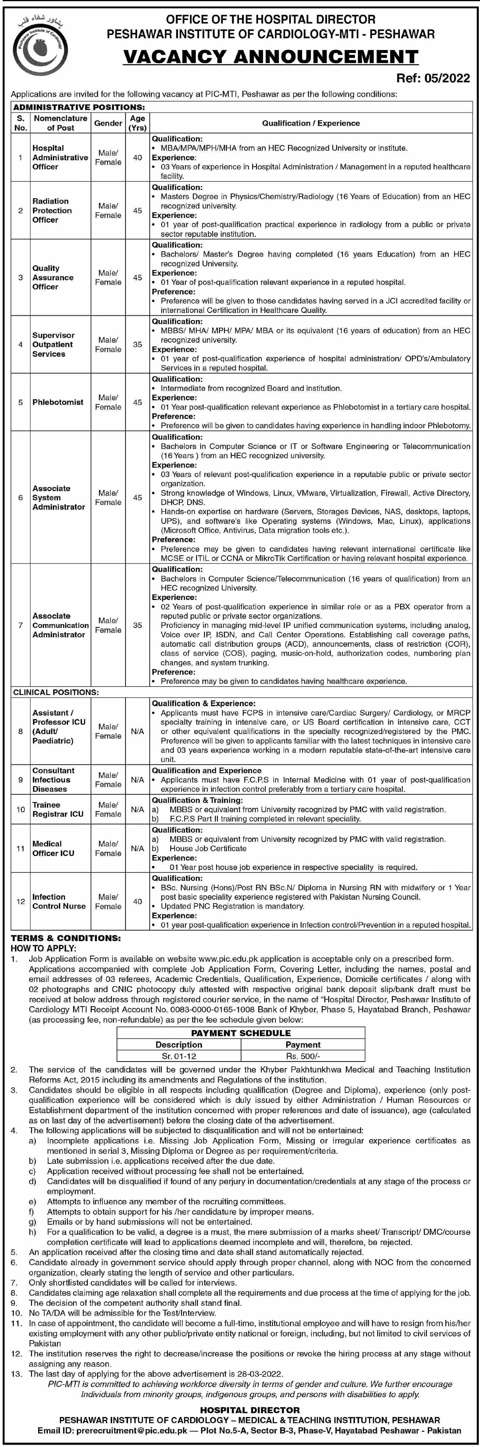 Jobs In Peshawar Institute of Cardiology MTi Peshawar Jobs 2022 — original advertisement