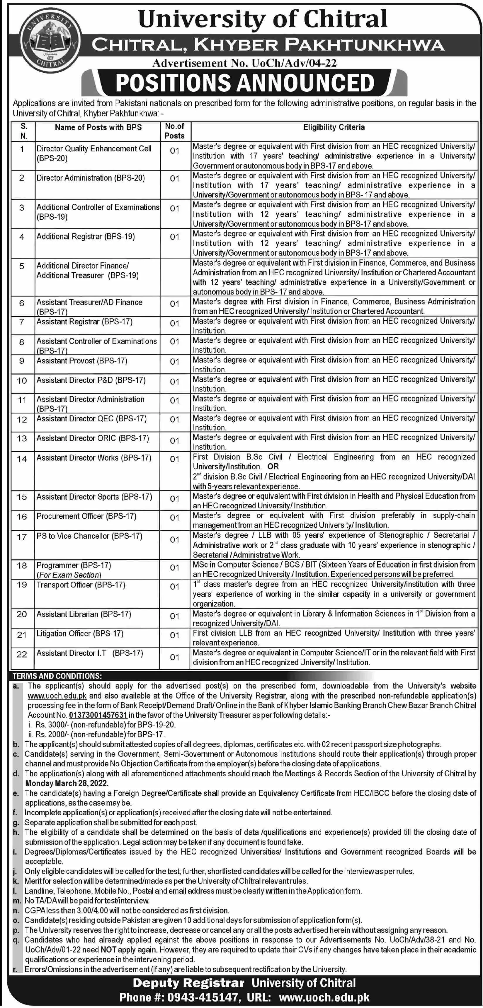 University of Chitral  Khyber Pakhtunkhwa Pakistan Jobs Jobs 2022 — original advertisement