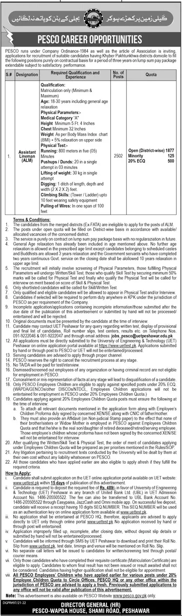 Peshawar Electric Supply Company - PESCO Jobs Jobs 2022 — original advertisement