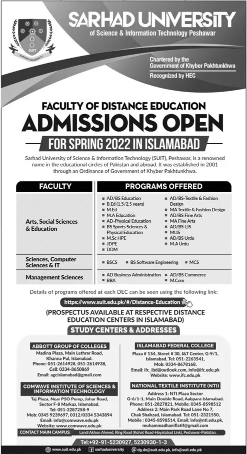 Admissions Sarhad University of Science and Technologe Kpk – Sarhad University of Science and Information Technology Peshawar Admissions 2022 — original advertisement