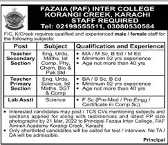 Jobs In Fazaia Inter College Korangi Creek Karachi – Fazaia Schools & Colleges Jobs 2022 — original advertisement