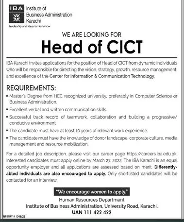 IBA Karachi - Institute of Business Administration Jobs 2022 — original advertisement