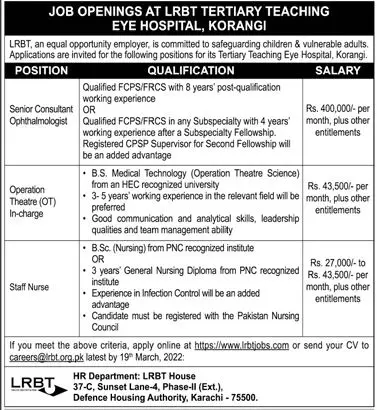 Jobs In LRBT Tertiary Teaching  Eye Hospital karachi – LRBT Tertiary Eye Teaching  Hospital Jobs 2022 — original advertisement