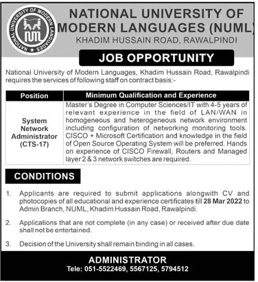 Jobs In National University of Modern Languages NUML – National University of Modern Languages Islamabad Jobs 2022 — original advertisement