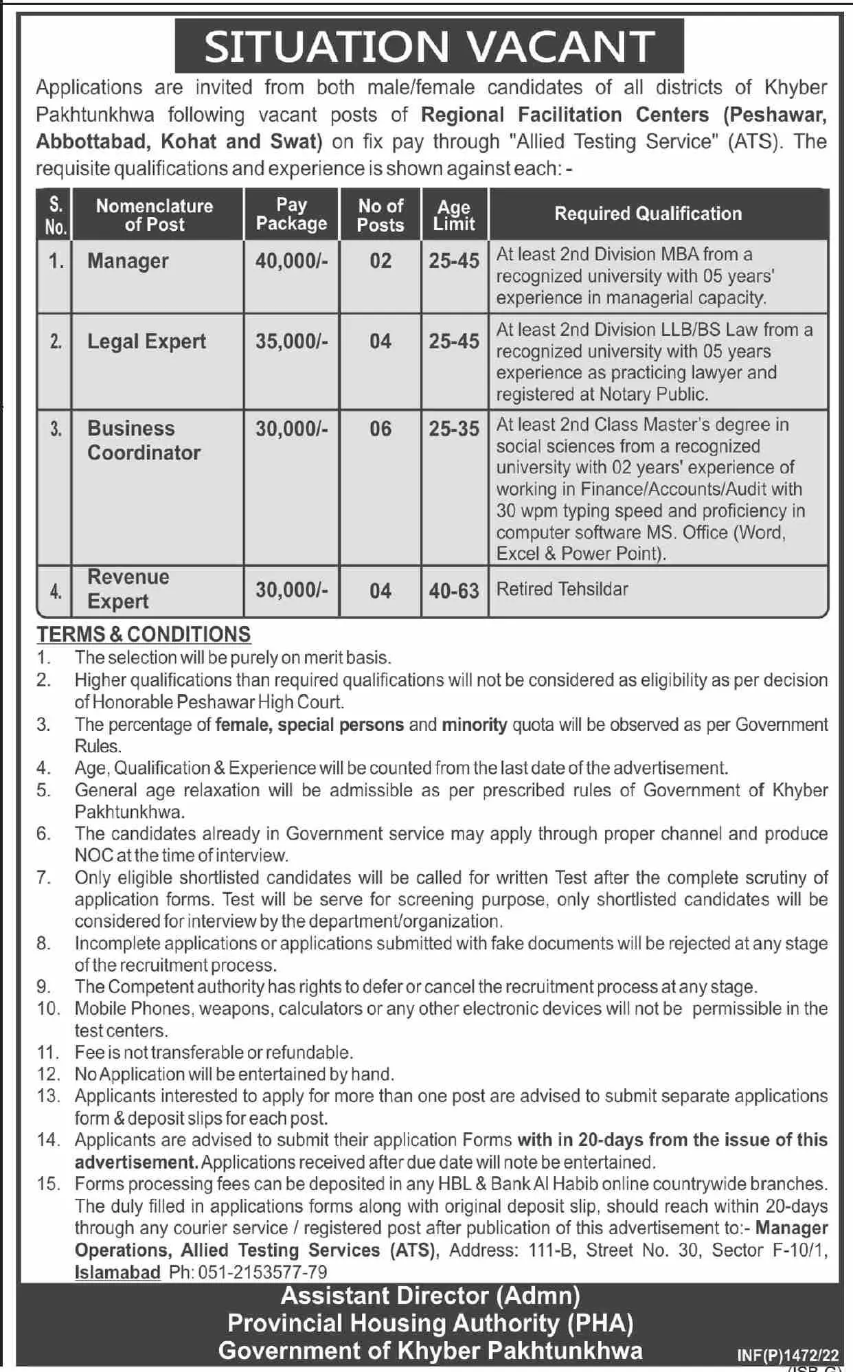 Provincial Housing Authority Jobs 2022 – Provincial Housing Authority KPK Jobs 2022 — original advertisement