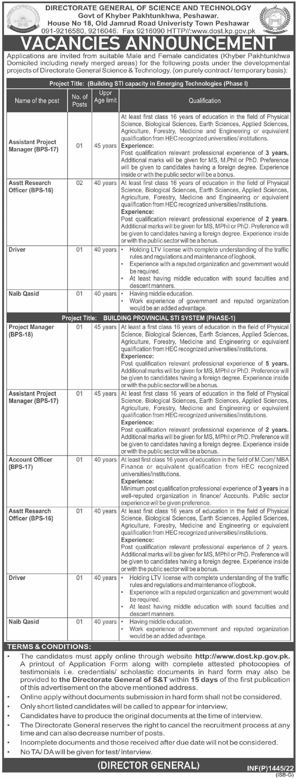 Jobs In Directorate of Science & Technology – Govt of Kpk Jobs 2022 — original advertisement