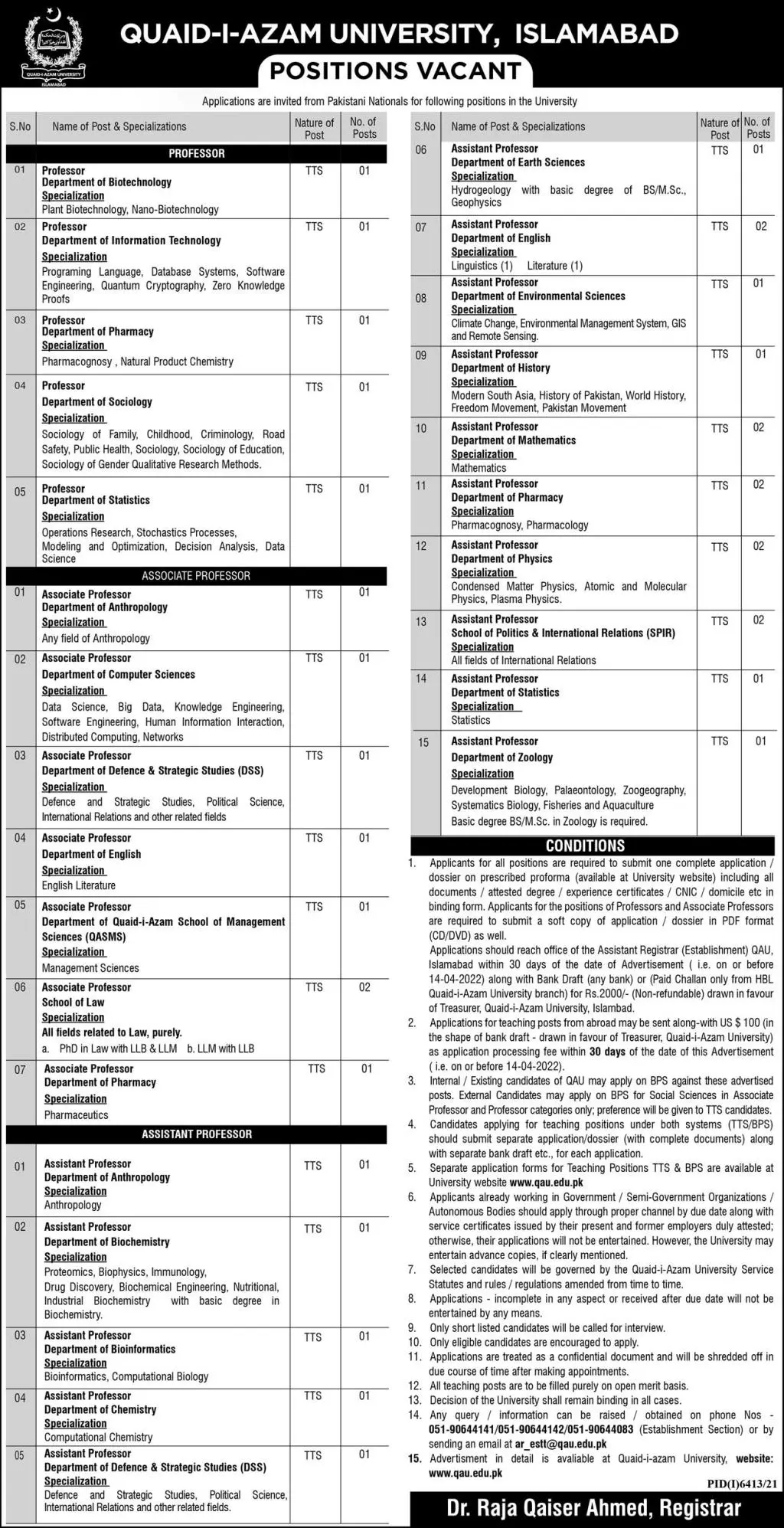 Jobs In Quaid-i-Azam University, Islamabad , Pakistan Jobs 2022 — original advertisement