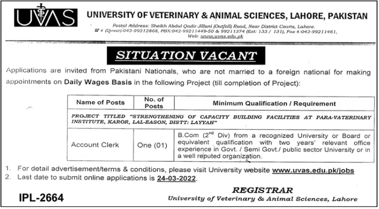 University of Veterinary & Animal Sciences UVAS Lahore Jobs – University of Veterinary and Animal Sciences Lahore Jobs 2022 — original advertisement
