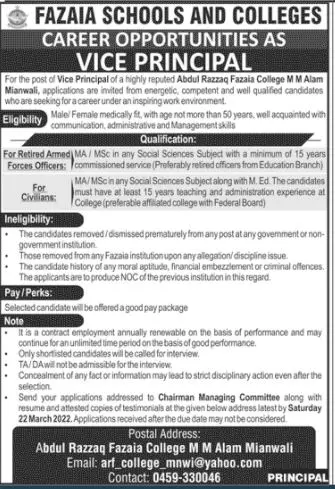 Fazaia Schools and College Miawali Jobs – Fazaia Schools & Colleges Jobs 2022 — original advertisement