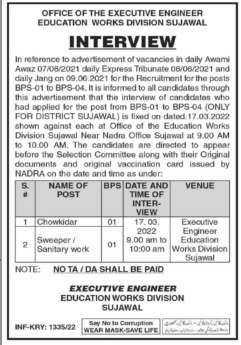 Interview Education Works Division Sujwal Sindh – Govt of Sindh Jobs 2022 — original advertisement
