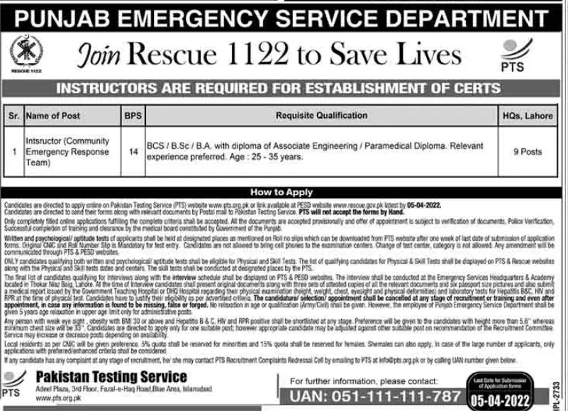 Jobs In Punjab Emergency Service Rescue 1122 Jobs 2022 — original advertisement