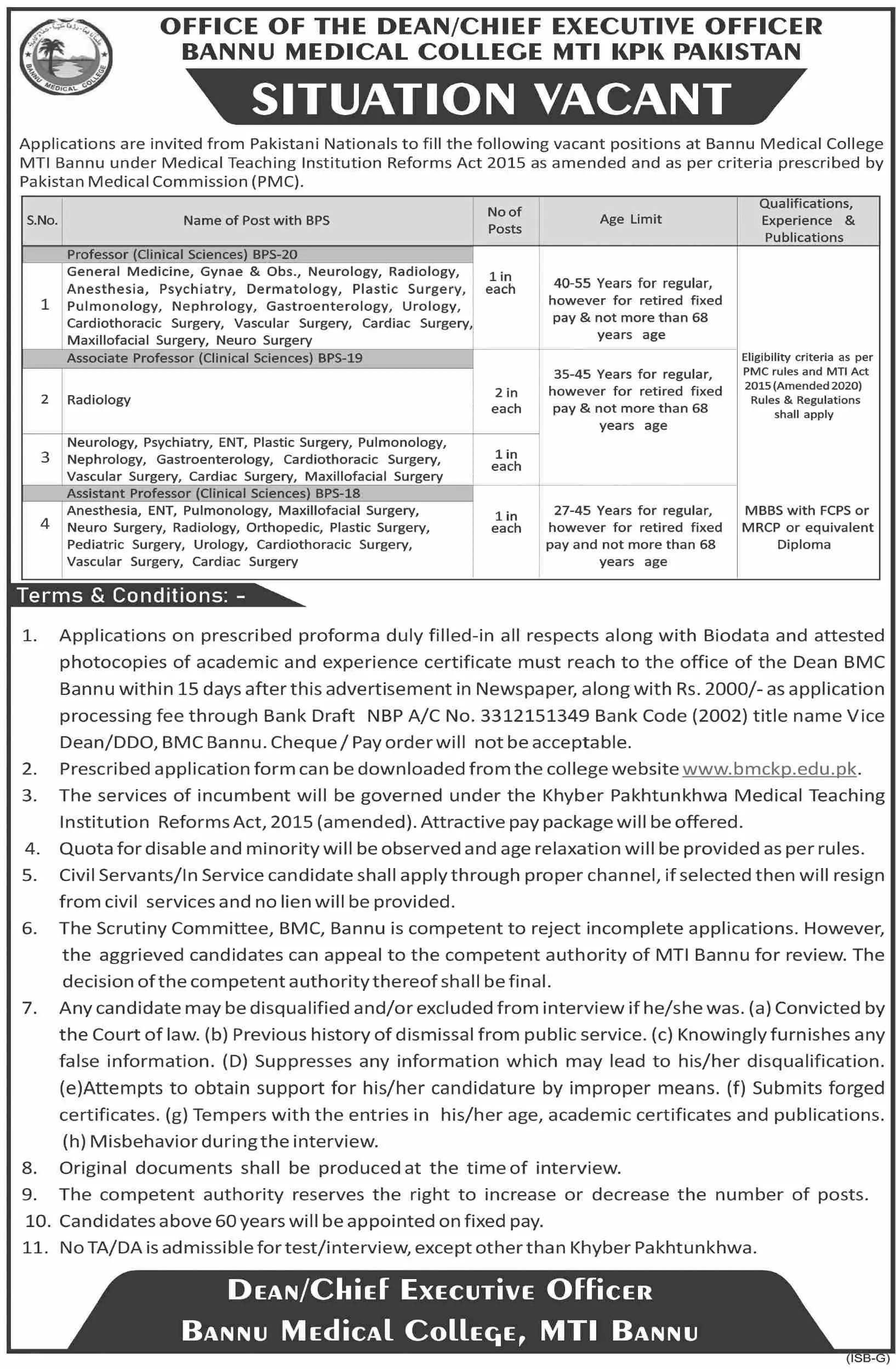 Jobs Bannu Medical College Bannu Khyber Pakhtunkhwa – Bannu Medical College Bannu Kpk Jobs 2022 — original advertisement