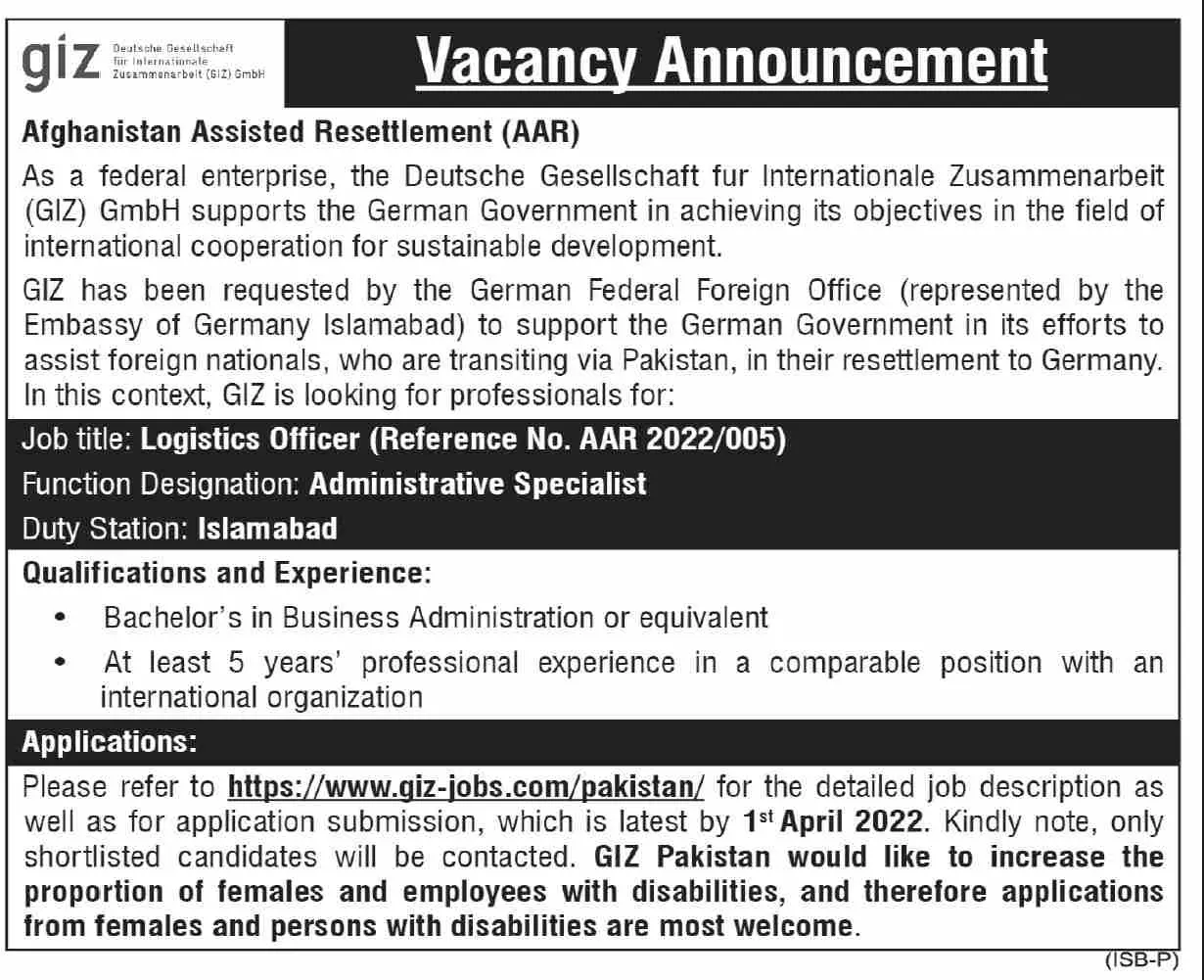 Jobs in GIZ NGO – GIZ Deutsche Gesellschaft für Internationale Zusammenarbeit (GIZ) GmbH Jobs 2022 — original advertisement