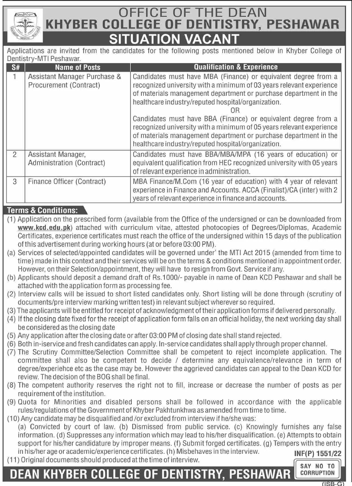 Jobs In Khyber College of Dentistry – Khyber College of Dentistry Peshawar Kpk Jobs 2022 — original advertisement