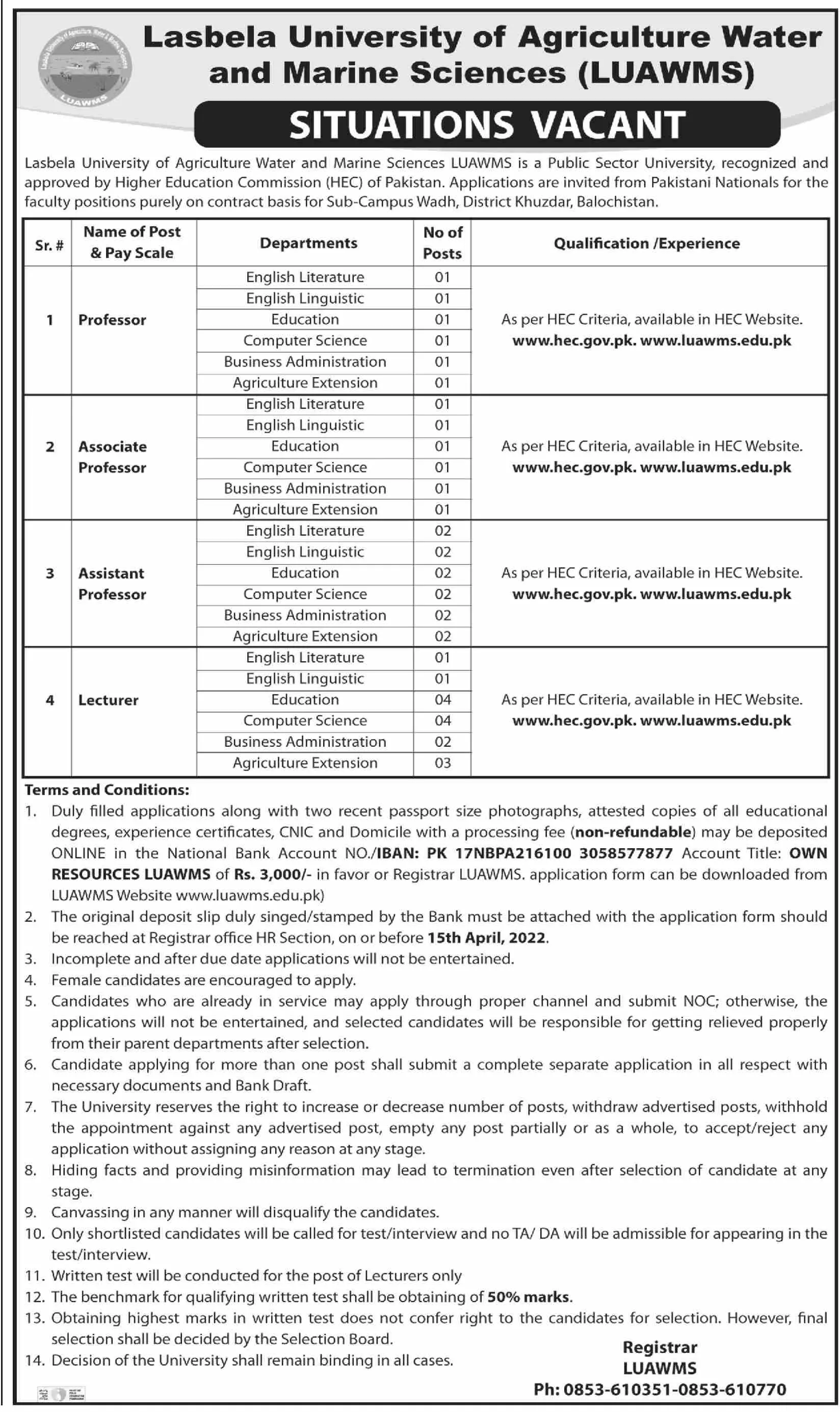 Jobs Lasbela University of Agriculture & Marine Sciences – Lasbela University of Agriculture, Water & Marine Sciences (LUAWMS) Uthal Jobs 2022 — original advertisement