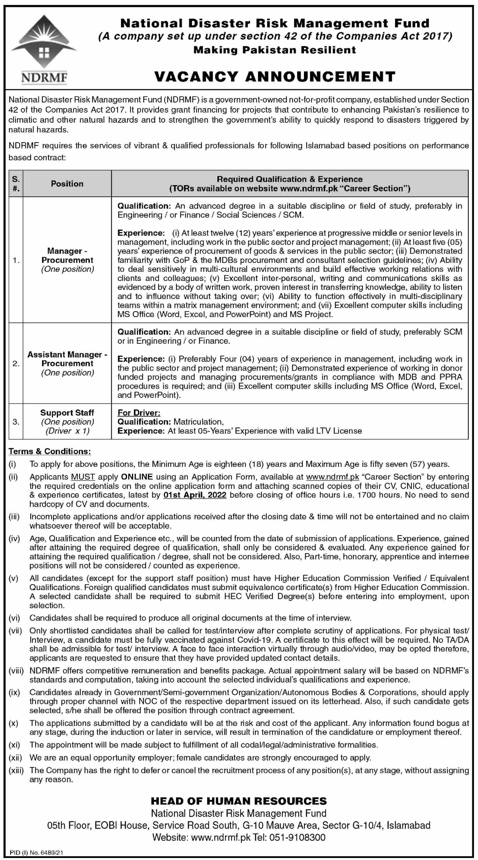 Jobs In National Disaster Management  Authority – National Disaster Management Authority (NDMA) Pakistan Jobs 2022 — original advertisement
