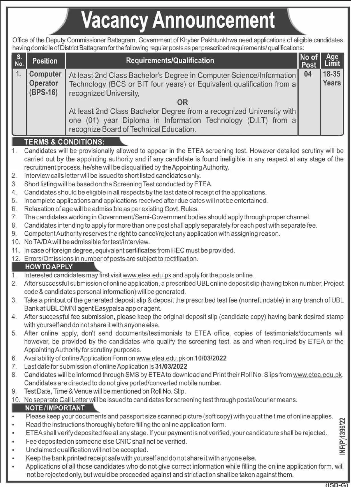 Jobs In Office Of The Deputy Commissioner Battagram – Govt of Kpk Jobs 2022 — original advertisement
