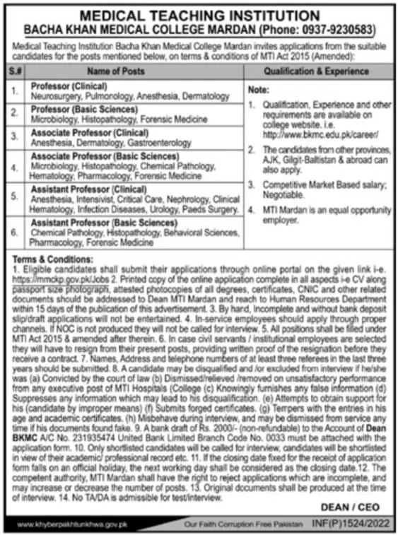 Jobs In  Bacha Khan Medical College Mardan Jobs 2022 — original advertisement