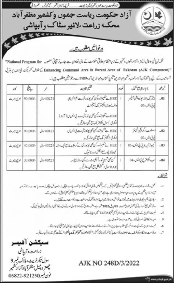 Jobs In  Agriculture Livestock & Irrigation Department  AJK – Irrigation Department AJK Jobs 2022 — original advertisement