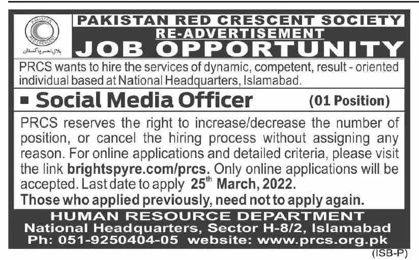 Jobs in Pakistan Red Crescent Society PRCS Islamabad Jobs 2022 — original advertisement