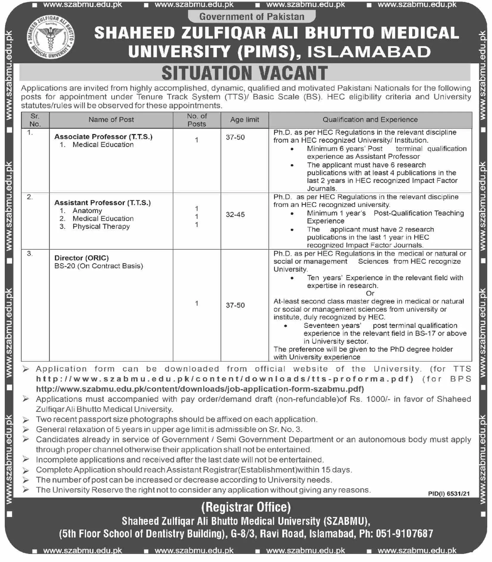 Jobs Shaheed Zulfiqar Ali Medical University Islamaba – Shaheed Zulfiqar Ali Bhutto Medical University Islamabad Jobs 2022 — original advertisement